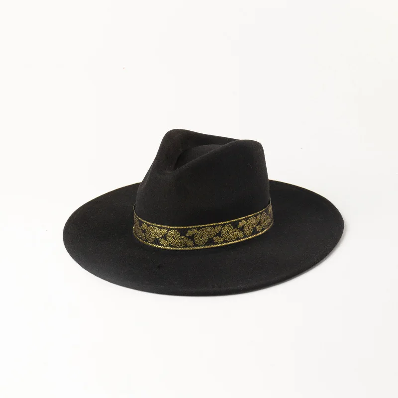 Autumn Winter Fashion wool Embroidery decorative ribbon Wide Jazz Shopping Tourist Style Felt Fedoras Hats for Women Men