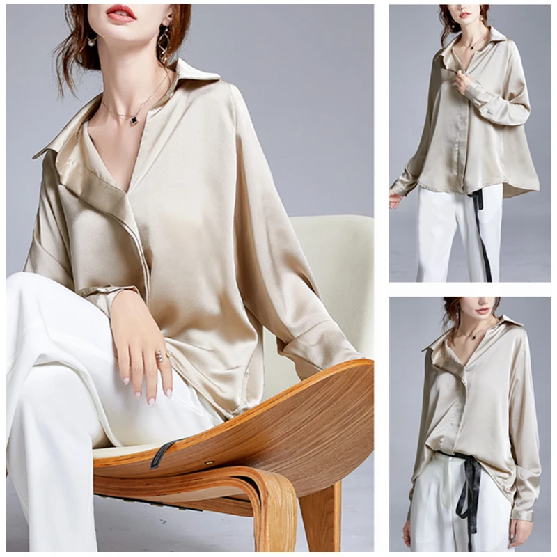 

2021 Summer Spring Casual Blouse Women Fashion Long Sleeves Tops Vintage Femme V Neck Shirts Elegant Sexy Silk