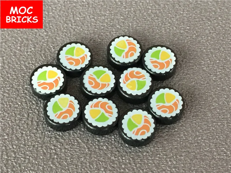 100 шт./лот MOC кирпичная плитка круглый 1x1 с суши лосось Маки ролл узор подходит для