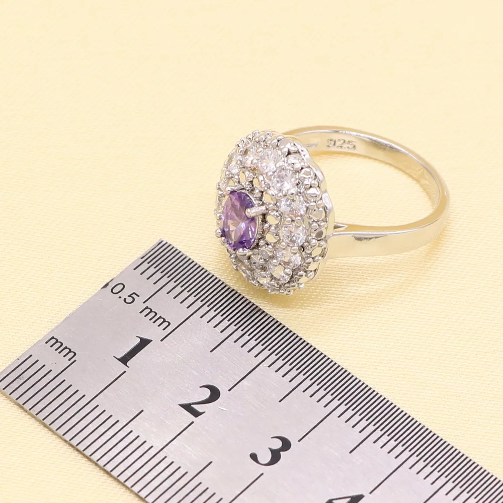 Фиолетовый фианит белый кристалл Серебряный цветной Свадебный комплект