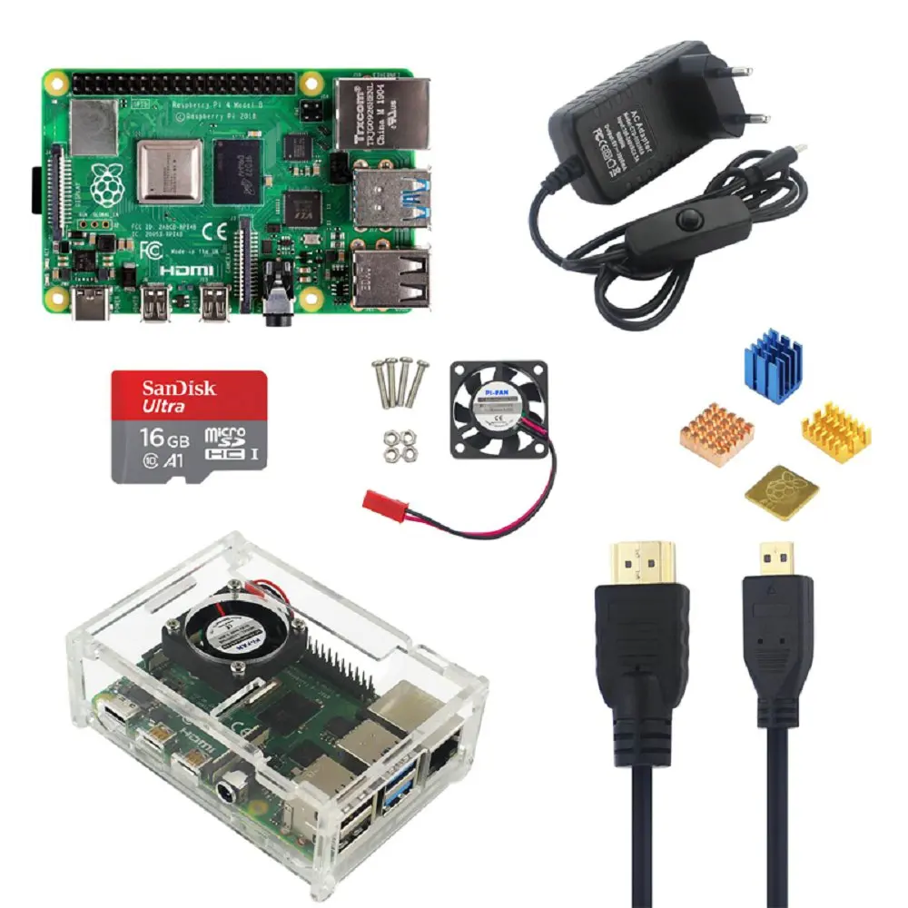 with 16G SD card New Raspberry Pi 4 Model B 4G Kit with 5V 3A Power Adapter Acrylic Case Cooling Fan HMDI Cable Heat Sink 16/32G SD Card Optional - Цвет: with 16G SD card