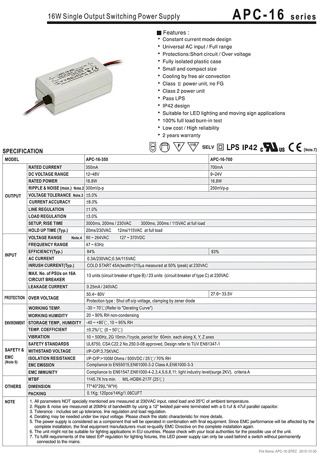 

APC-16-350 (90-264) 16 350mA CC