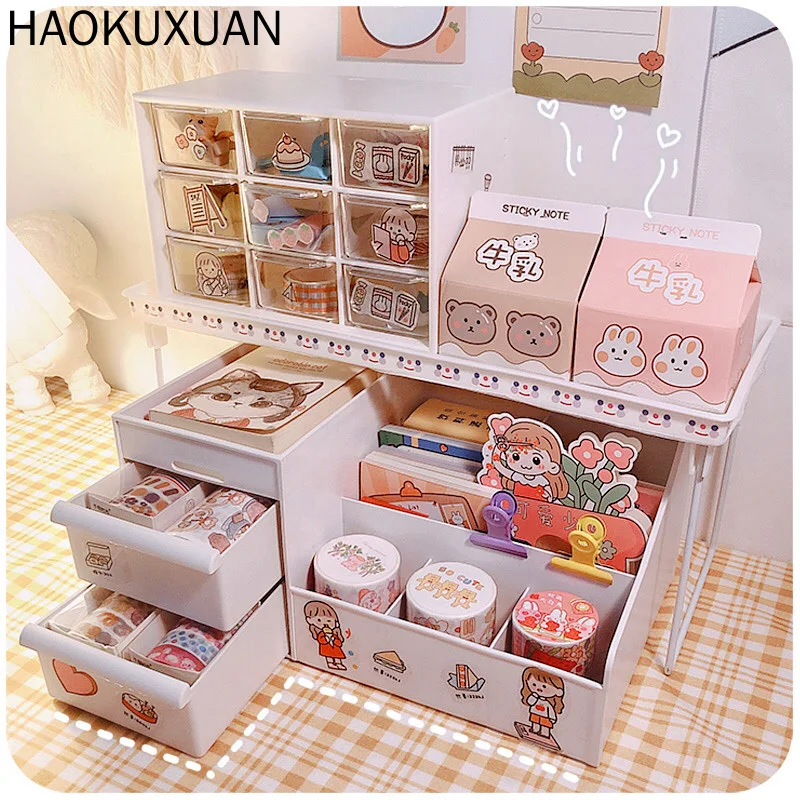 

3pcs/set Ins Kawaii Deskpot Organizer Makeup Storage Box 3 Shelf Container Drawer Cabinet Rack Send Sticker Home Decor