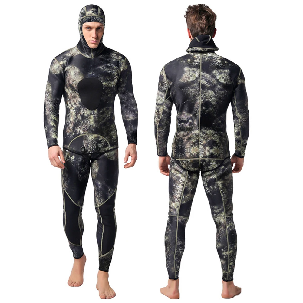 

Diving Suit Men Neoprene Hooded Warm Wetsuit 3MM Camouflage Split Scuba Snorkel Swimsuit Surfing Jumpsuit Black Green XXXL