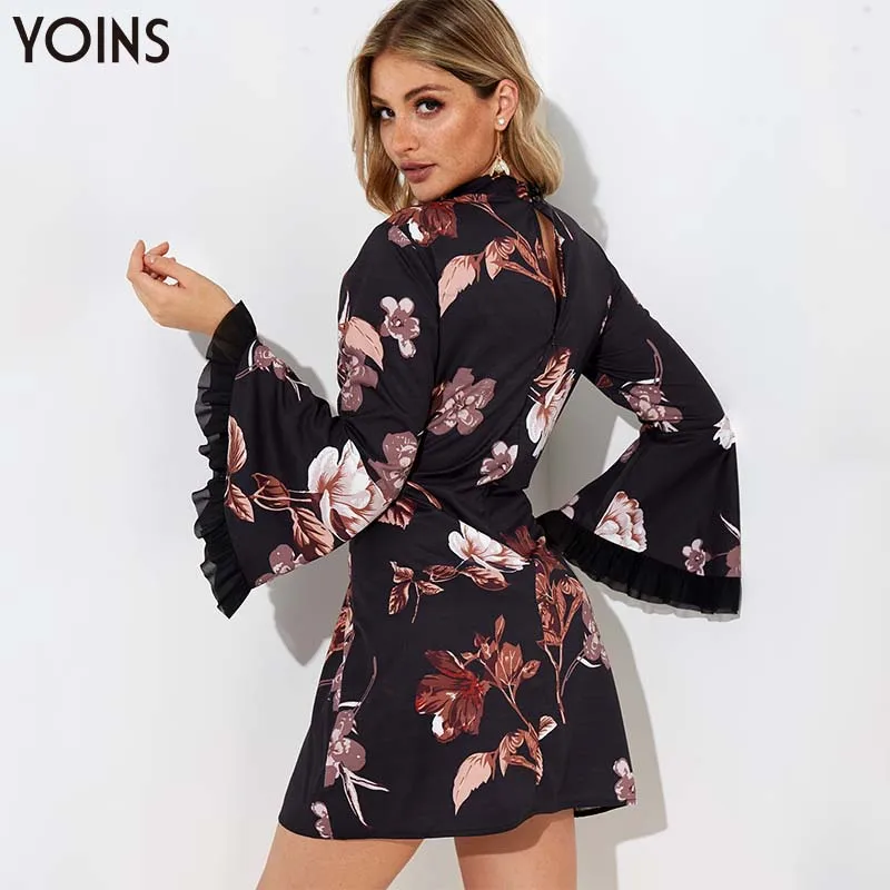 YOINS цветочные платья с воротником стойкой и рукавом колокольчиком высокой талией