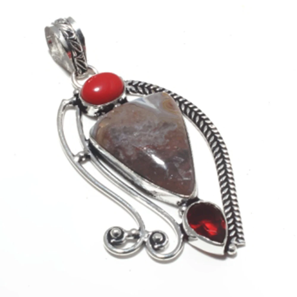 Подлинный Crazy кружева агат + Коралл гранат кулон ручной работы для женщин леди