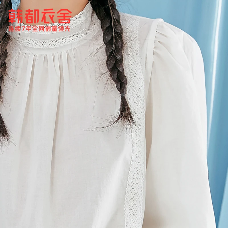 

Korean Style Shirt for Women 2021 Spring New Lace Edge Stand Collar Puff Sleeve Top Women Mx10265