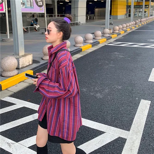 Темно-розовые Красные Полосатые повседневные свободные карманные кнопки линии