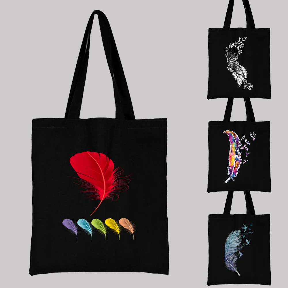 

Female Black Shopping Bag Reusable Large Capacity Casual Shoulder Bag Color Feather Pattern Printed Canvas Commuter Carrying Bag