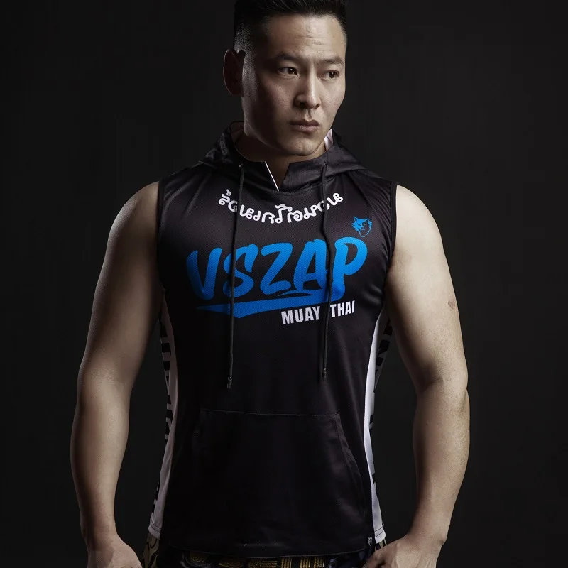 

Vszap летняя майка для тайского бокса без рукавов с капюшоном для тренировок ММА боевое пальто костюм для фитнеса быстросохнущая сетка