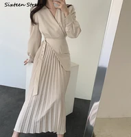 2022 new apricot pleated dress women long sleeve high waisted elegant bodycon dress business korean patchwork chic clothing