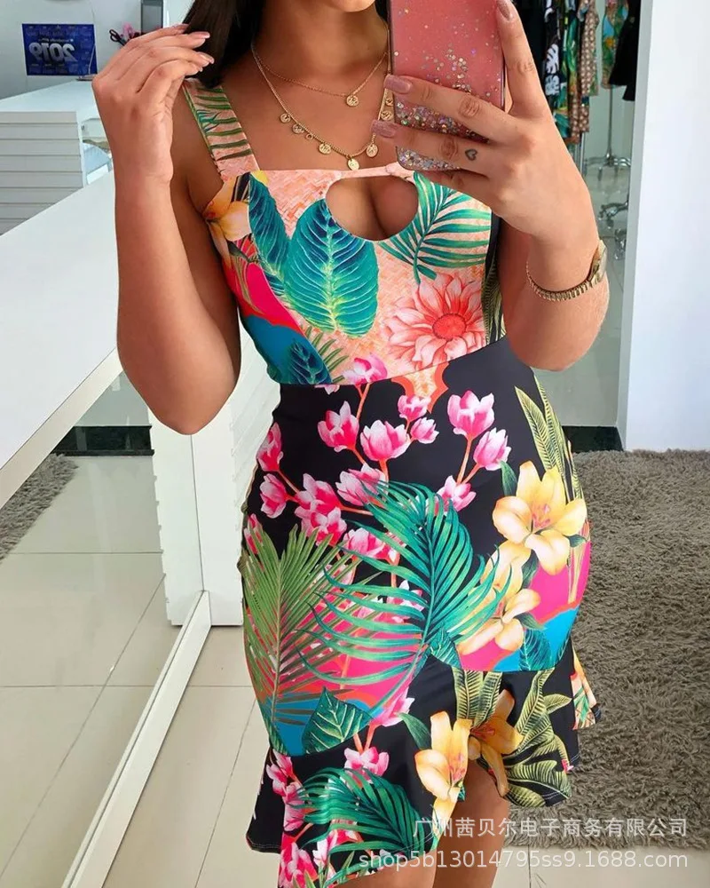 

2021 Европейское и американское новое модное платье с ажурным принтом и оборками, пикантное Повседневное платье