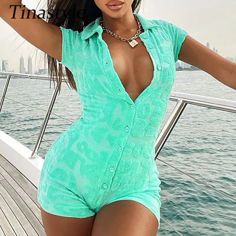 

Tinastyle Summer Short Sleeve Romper Bodycon Women 2021 Casual Green Bodysuit V Neck Fashion Sexy Playsuit Y2K Skinny Bodysuits