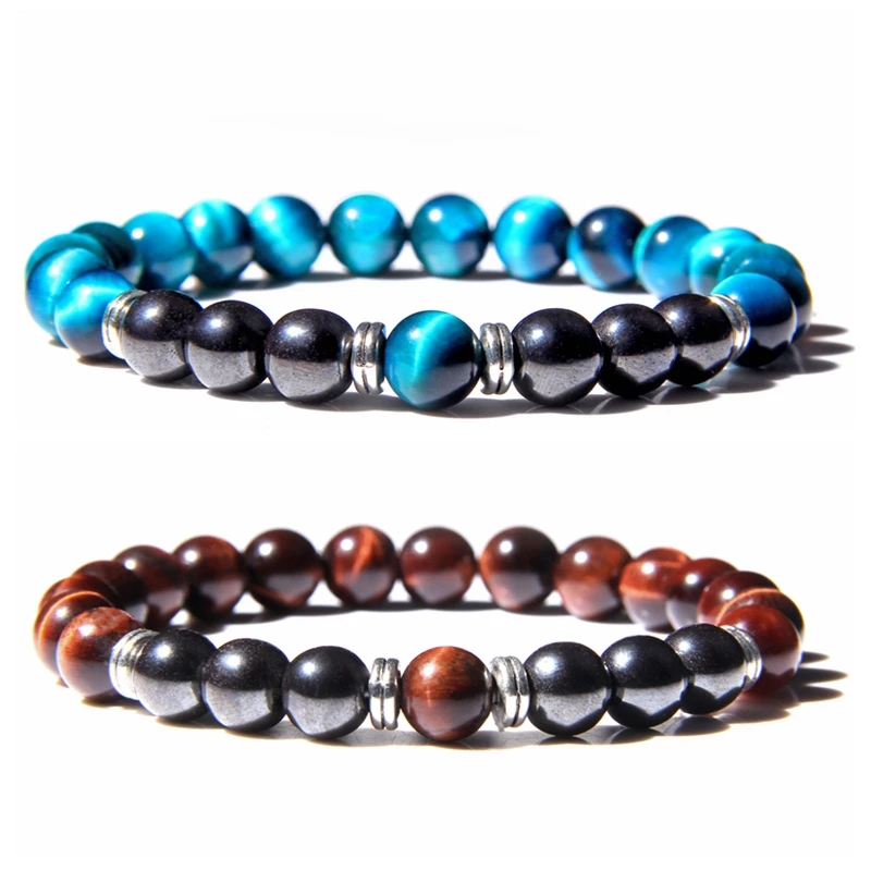 Men Bracelet Natural Stone Black Hematite 8mm Round Tiger eye Beads Charm Bracelets Homme Jewelry Gift Male Bangle Yoga pulseras | Украшения