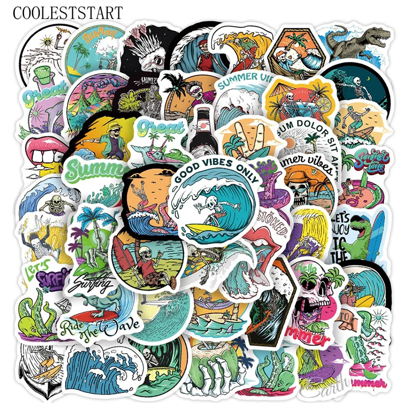 10/50 шт. Мультяшные летние наклейки с черепом для серфинга мотоцикла скейтборда