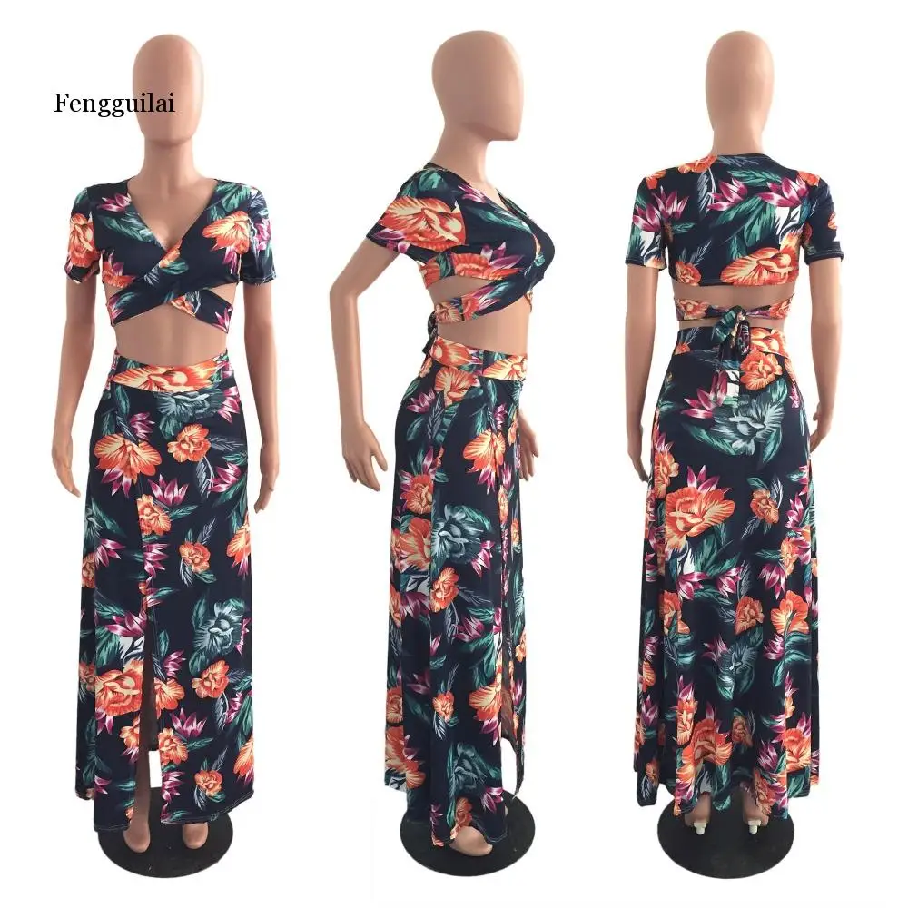 

Floral Print Casual Women Set Sexy V Neck Crop Top With Skirts High Split Elegant Beach Women Bodycon Suit Female Two Piece Set