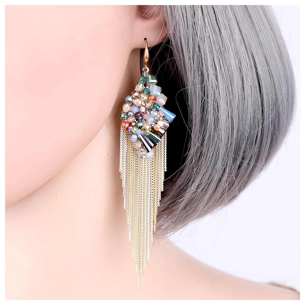 Женские серьги с кристаллами позолоченные сережки Крючки ручной работы бусинами