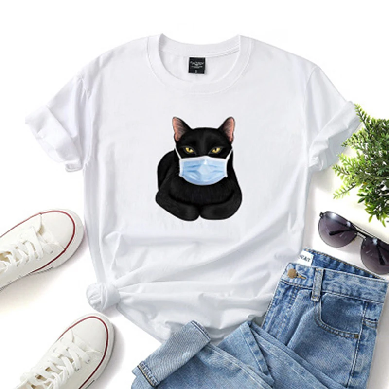Женская футболка маска кот мультяшный принт повседневная модная короткий рукав