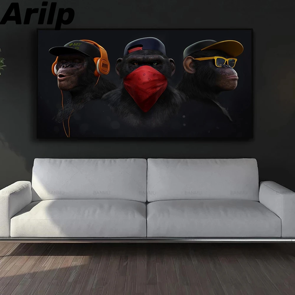 

Black Monkey With Headphones Listening To Music Picture Poster Modern Home Art Mural Living Room Bedroom Wall