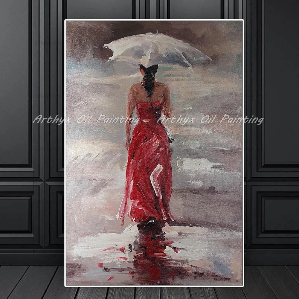 Arthyx Ручная роспись Абстрактная красная юбка Девушка картина маслом на холсте