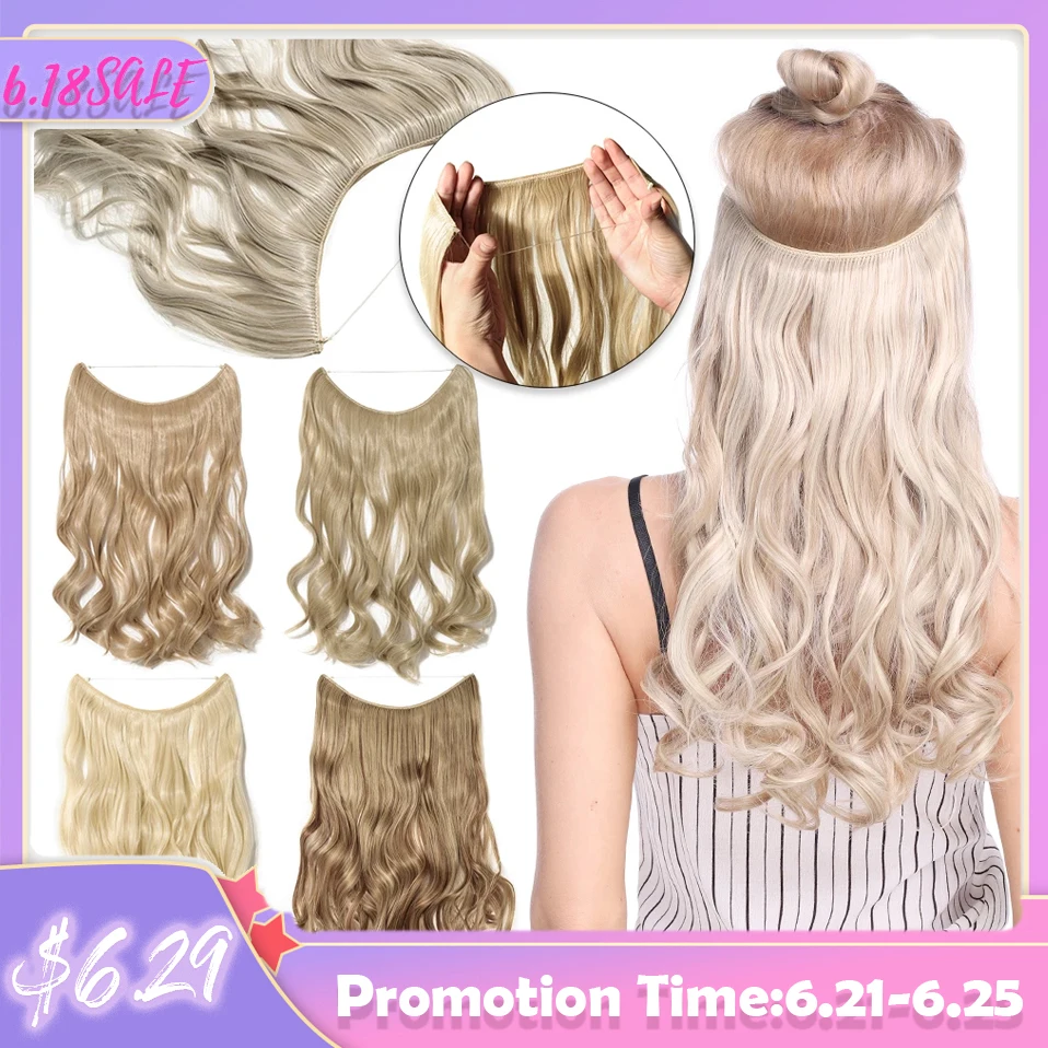 

S-noilite 20Inches Synthetic Natural Hair Invisible Wire In Hair Extensions No Clip With Secrect Line Easy Attach Hairpiece