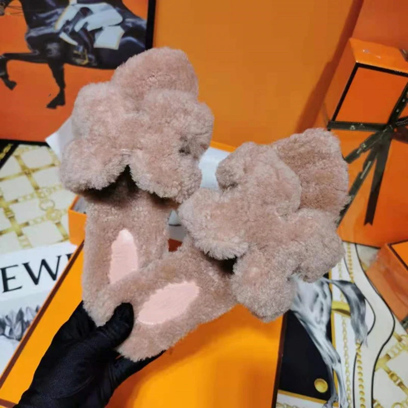 

Teddy Plush H Slippers 2021 New Ins Net Red Winter HouseHold Warm Shoes High-End Fashion All-Match Comfortable Flat Shoes Women