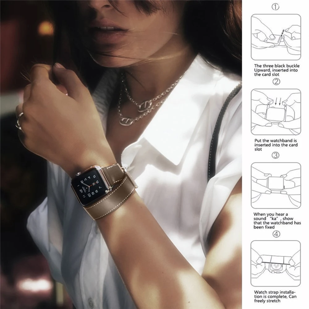 Кожаный браслет с двойным кольцом для Apple Watch 3 2 1 42 мм 38 ремешок Iwatch серии 4 5 40 44