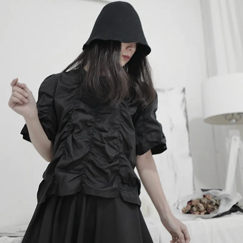 

LANMREM Women New Personality Pleated Short Sleeve T-shir Tirregular Lage Black Series Loose Fit Fashion Tide Summer 2021 2P2106