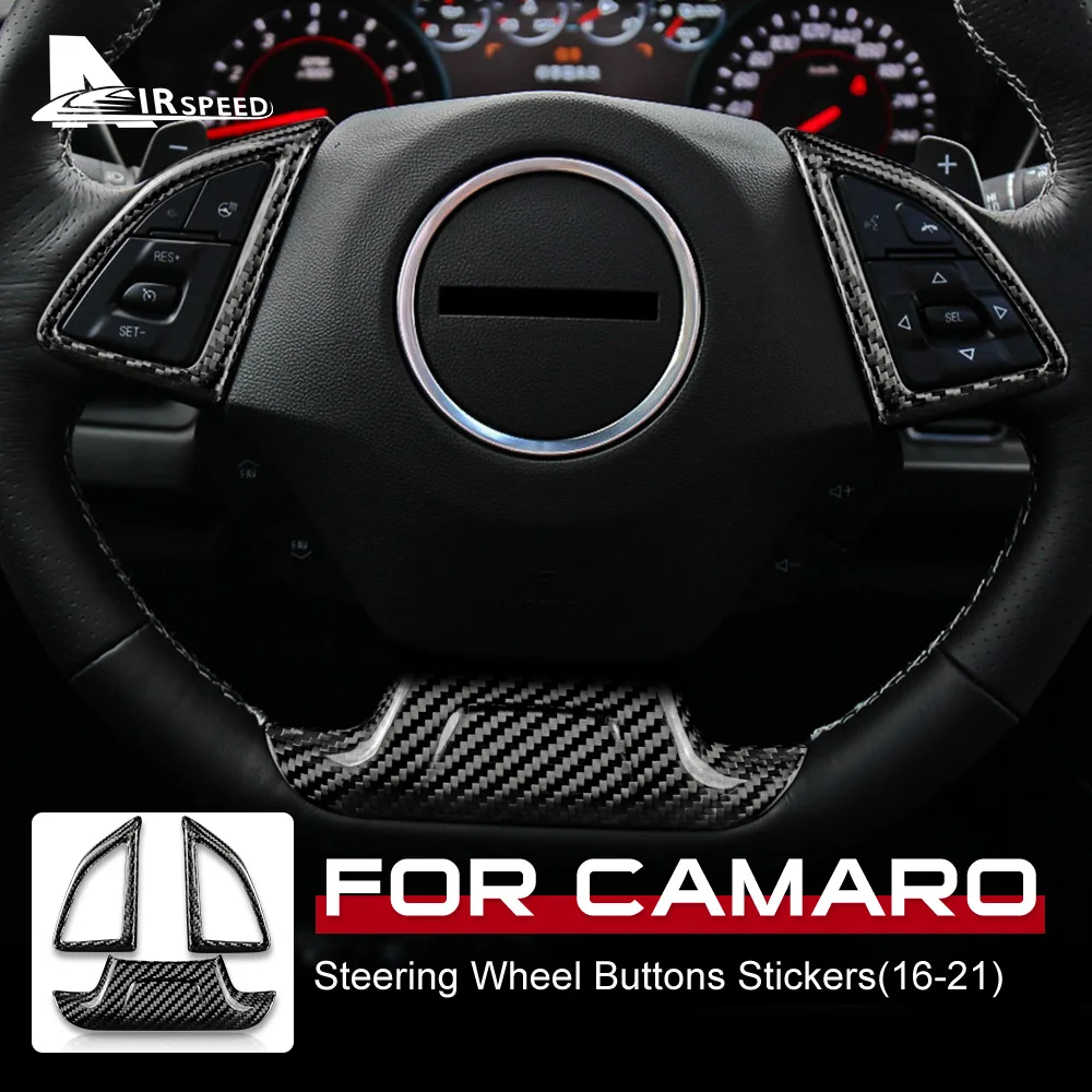 AIRSPEED Hard Carbon Fiber for Chevrolet Camaro 2016-2021  Accessories Interior Trim Car Steering Wheel Button Cover Sticker