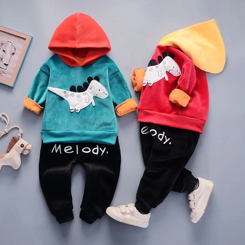 Осенне-зимний комплект одежды для мальчиков топы с капюшоном и принтом динозавра