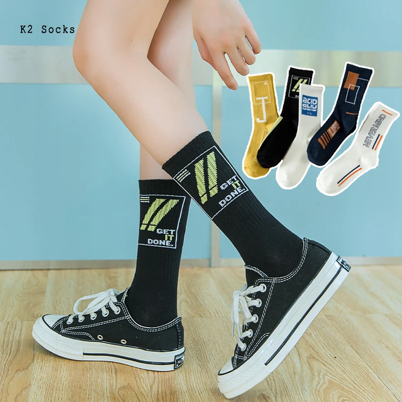 

New Fashion Letter Sockings Cotton Black Plaid Harajuku HipHop Skateboard Korea Funny Happy Casual Sport Men and Women Socks