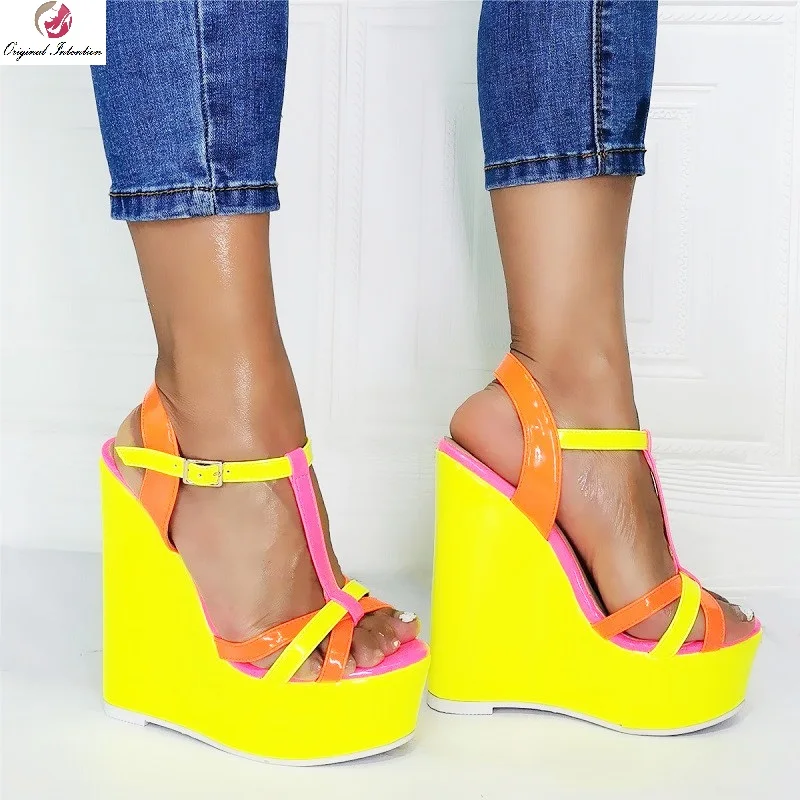 

Women Sandals Wedges Mixed Colors Shoes Girls Yellow Platform Colors Female Ankle Buckle Strap Ladies Summer Rubber Bottom Pumps