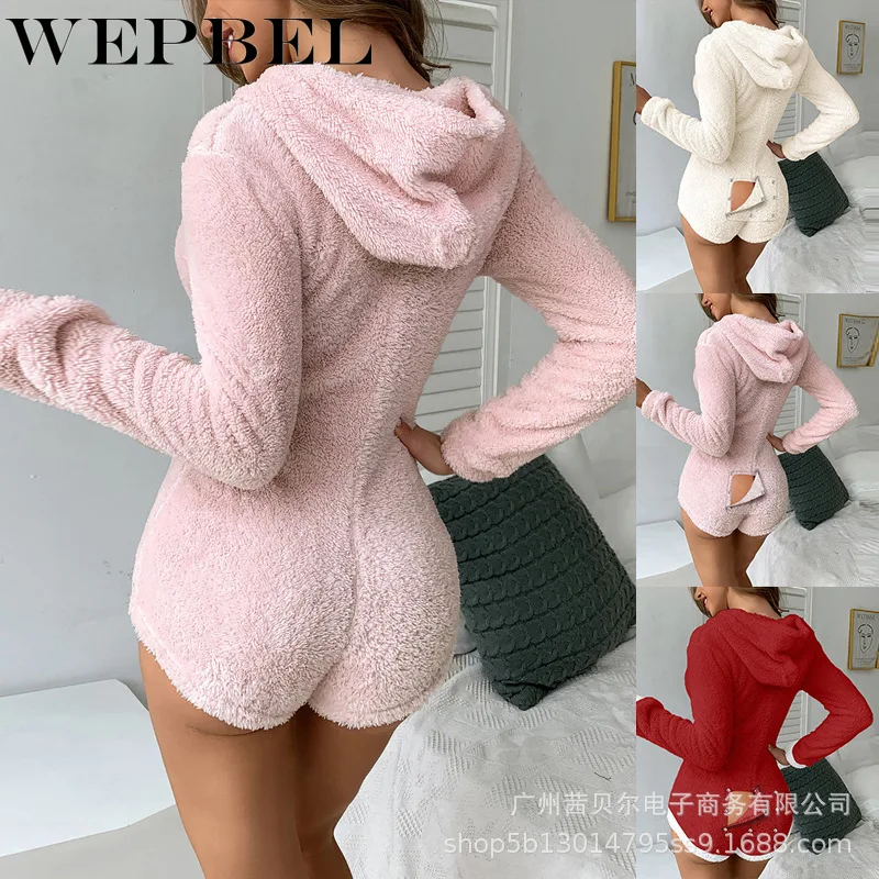 

Mandylandy Women Spring Autumn Sexy Plush Zipper Romper Short Playsuit Lady Casual Hooded Jumpsuit Overalls Homewear