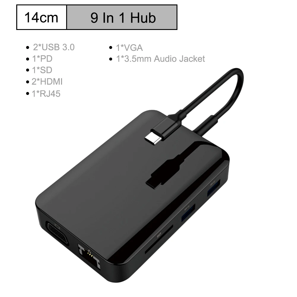 9 in 1 USB C Hub USB C концентратор 9 в 1 type C адаптер концентратор для Ethernet HDMI концентратор данных/PD Зарядка 3 USB 3,0 SD/TF кард-ридер/3,5 мм аудио - Цвет: 9 in 1 USB C Hub