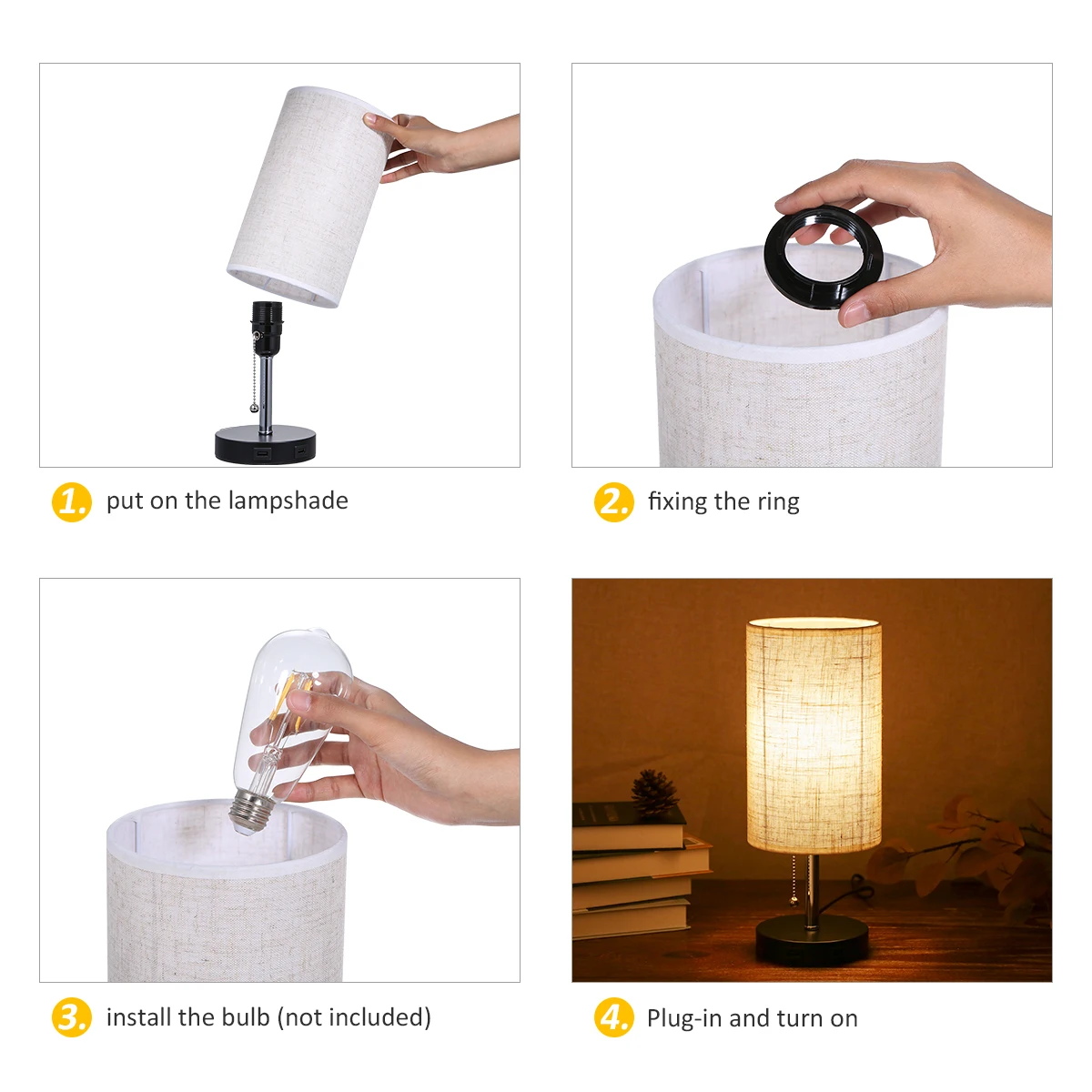 

Bedside Table lamp Pulling Switch Desk Nightstand Lamp with 2 USB Charge Port Round Fabric Shade for Bedroom Living Room Office