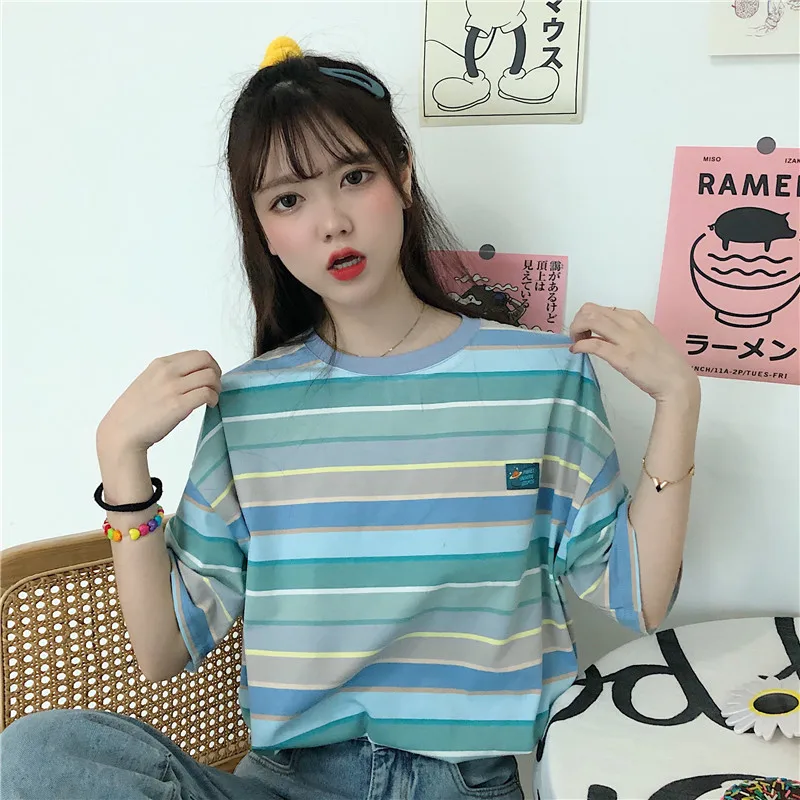 

Girlish Style Striped Short-Sleeved T-shirt Women's Loose Korean Style Ins Trendy Student Harajuku BF Idle Style Strange Style