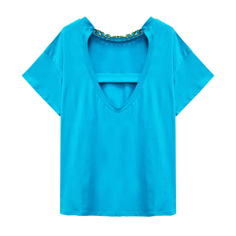 

Backless Top Summer 2021 New Design Sense Clothes Loose Mid-Length Hollow-out Short Sleeve T-shirt Women's Ins Fashion