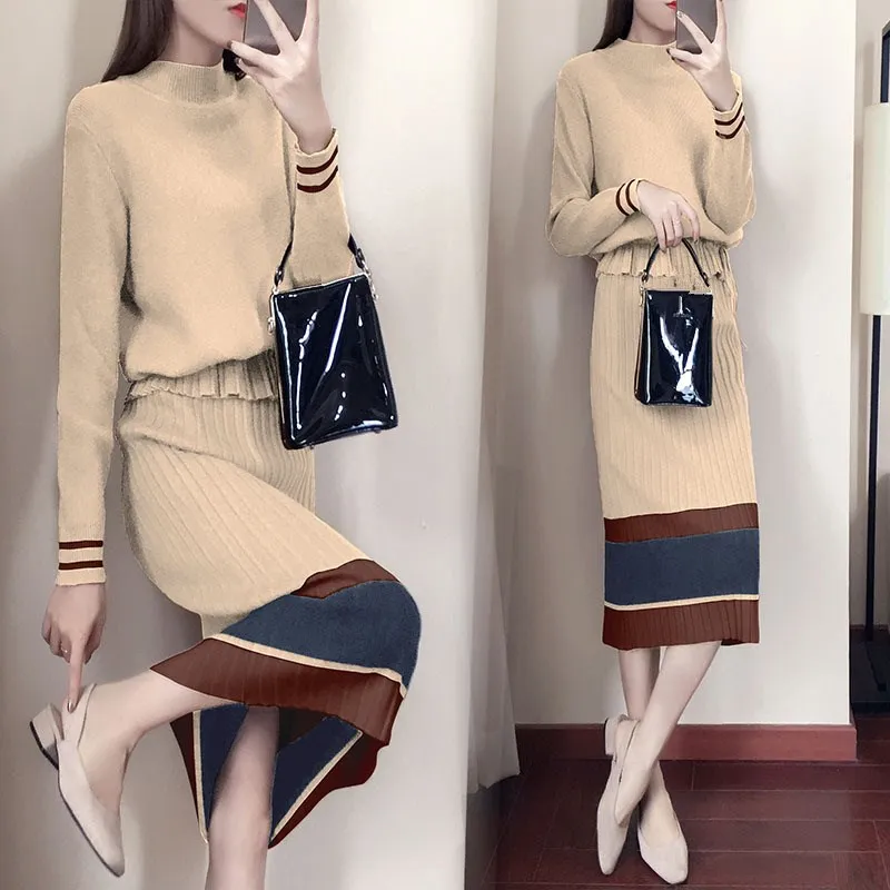Осенне зимние повседневные теплые вязаные костюмы Свободный пуловер свитер юбки