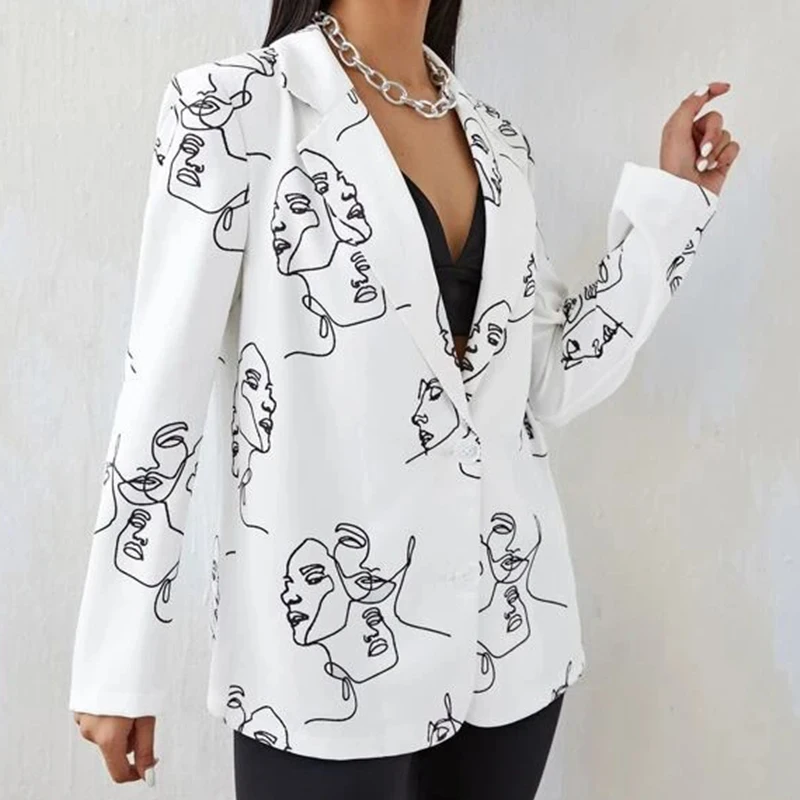 

White Abstract Face Print Streetwear Blazer Women Jacket Single Button Loose Elegant Office Lady Coat England Stylish Autumn Top