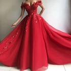 Красное платье для Quinceanera с цветочной кружевной аппликацией и открытыми плечами в пол, бальные платья, платье для выпускного вечера, вечерние платья