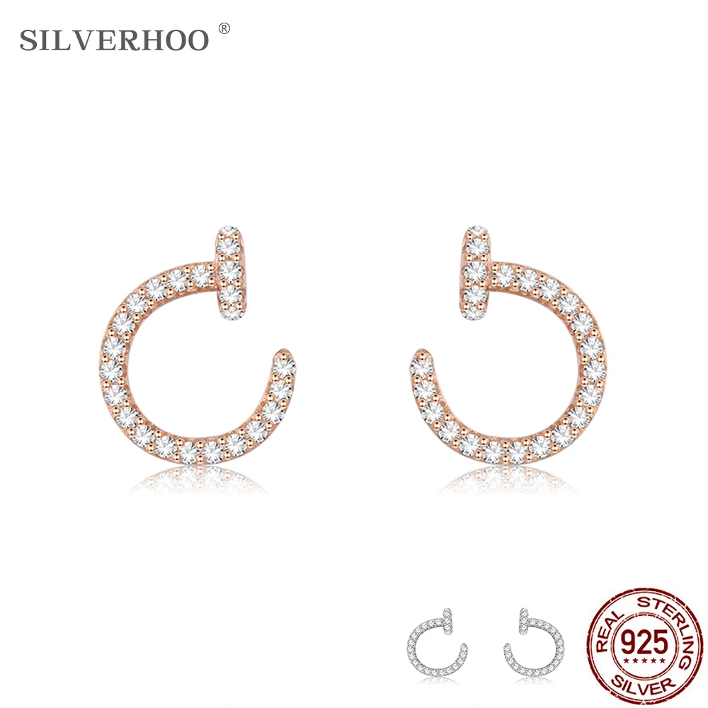 

SILVERHOO 925 Sterling Silver Earrings For Women Shiny Full Cubic Zirconia Twisted Nails Stud Earring Fine Jewelry To Girlfriend