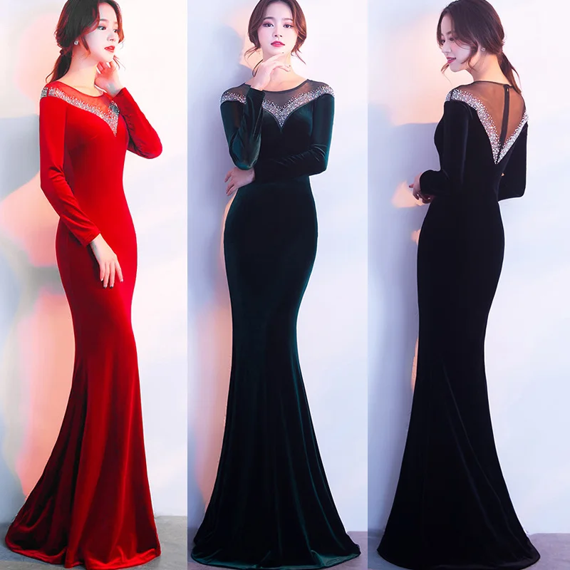 Роскошное осенне зимнее женское сексуальное бархатное вечернее платье с