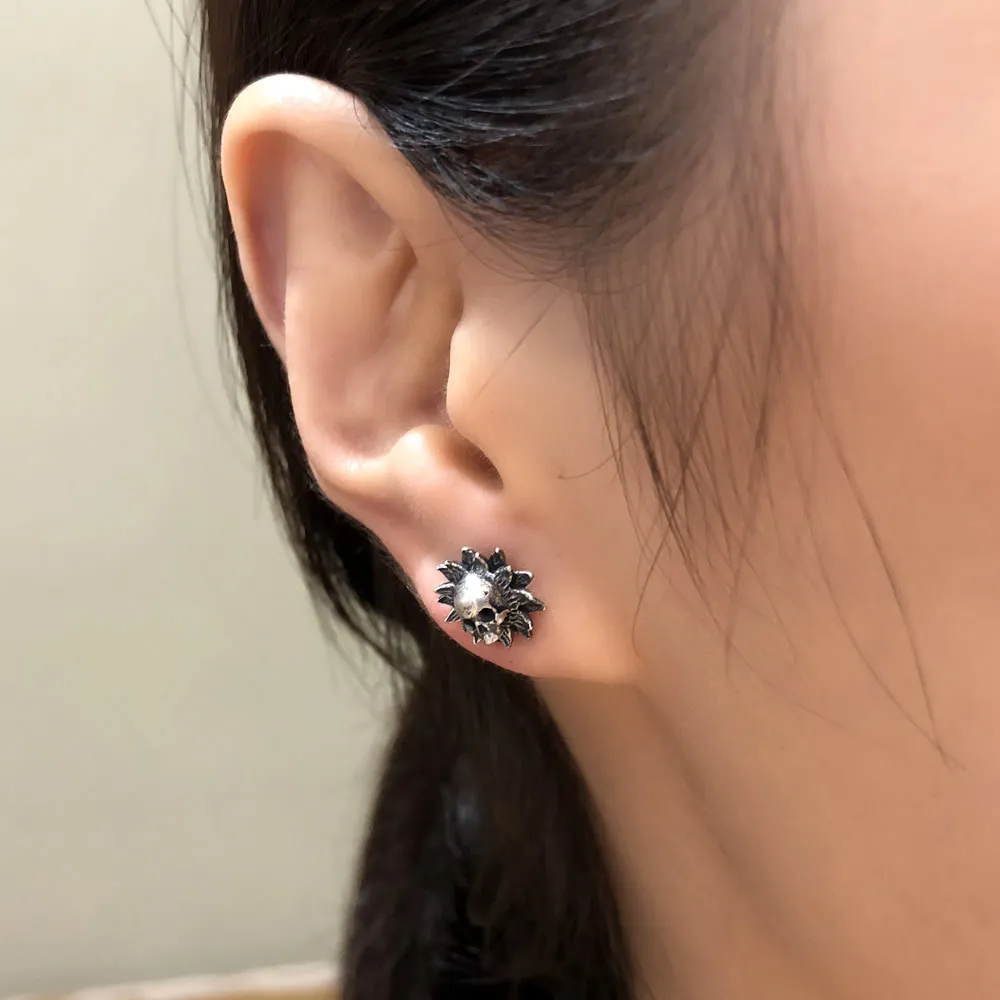 

FUN-BEAUTY S925 Sterling Silver Earrings Fashion Sunflower Skull Creative Stud Earrings Sunflower Personality Ear Jewelry