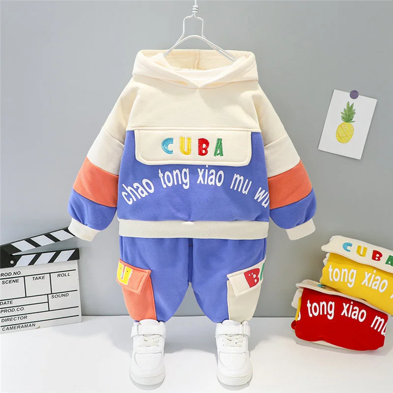 

Winter Children thicken Clothes Sets Baby Boys Girls warm Clothing patchwork Kids velvet hoodies Pants Infant Sport Costume set
