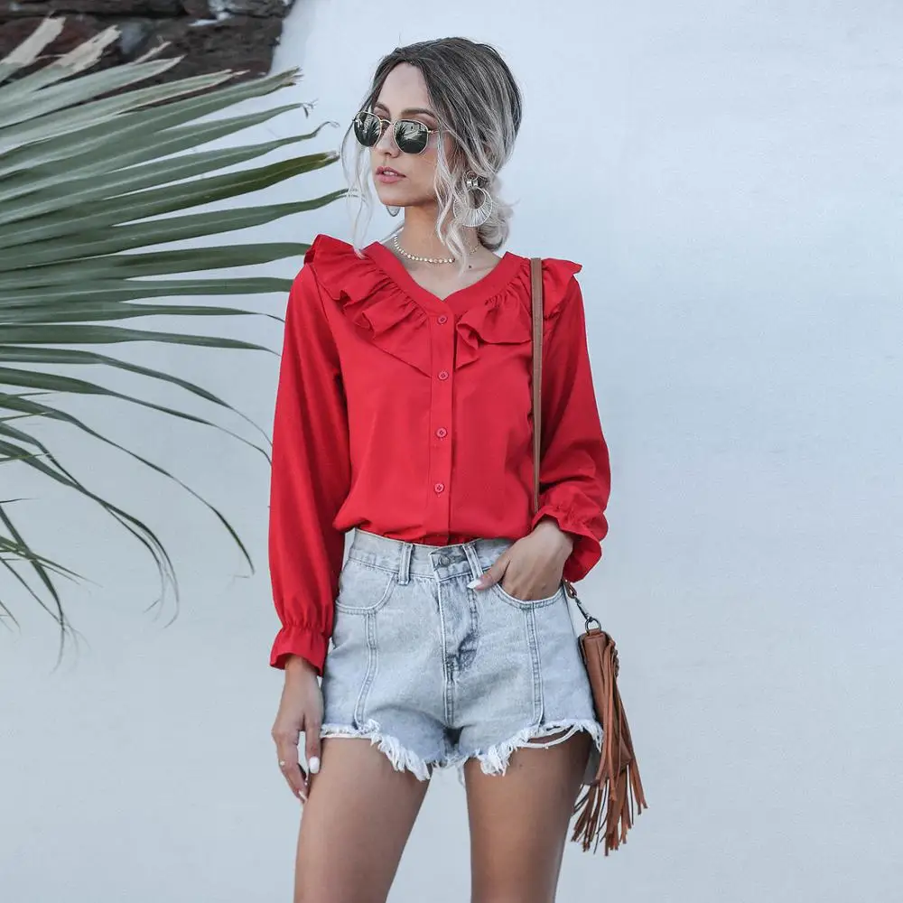 

Women's Casual Blouse Sweet V Neck Ruffle Long Sleeve Shirt Spring Autumn Elegant Office Lady Solid Color Tops 2020 New Arrival