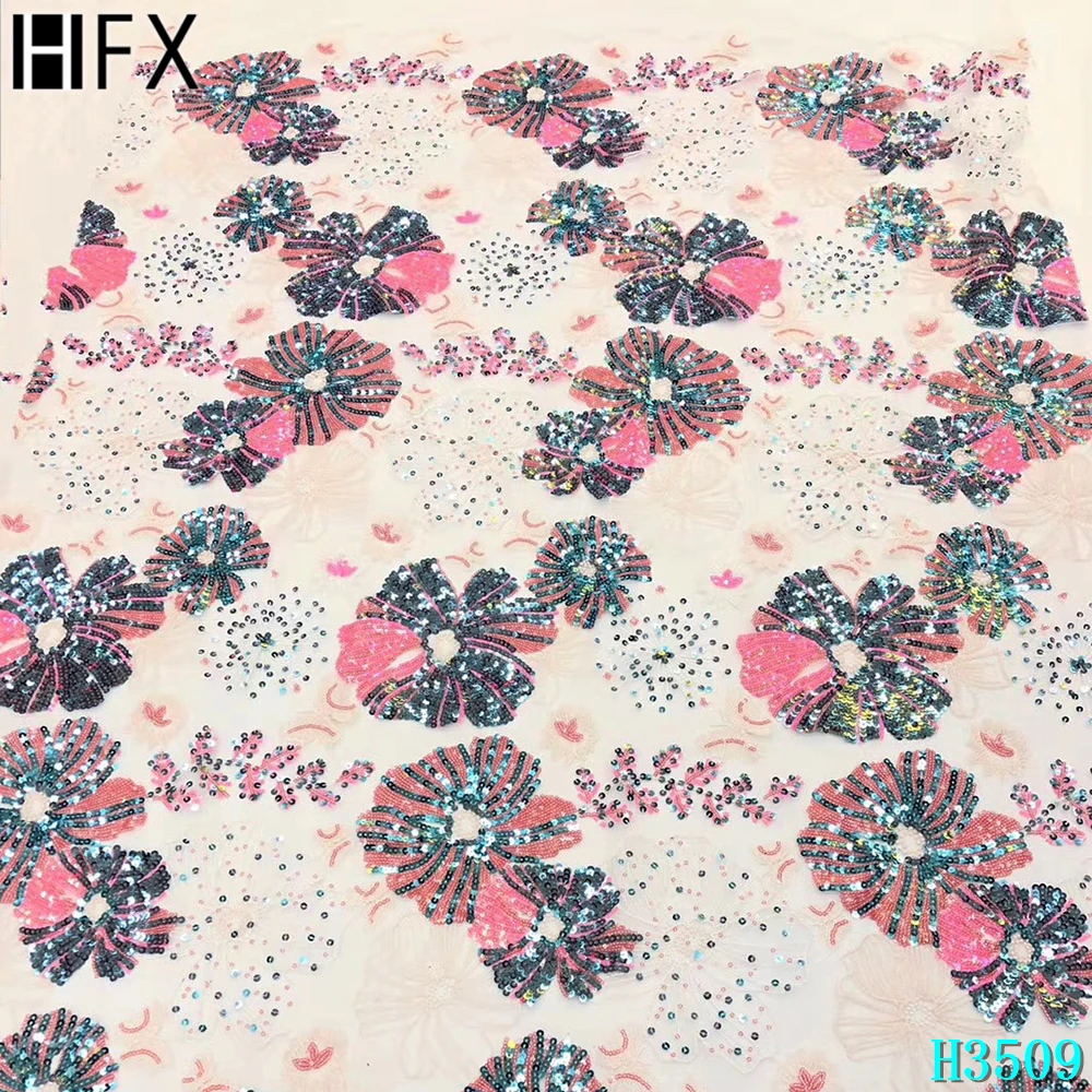 

HFX African Net lace French Sequin lace fabric 2021 High Quality Embroidery Mesh Nigerian Tulle lace fabrics for Party F3509