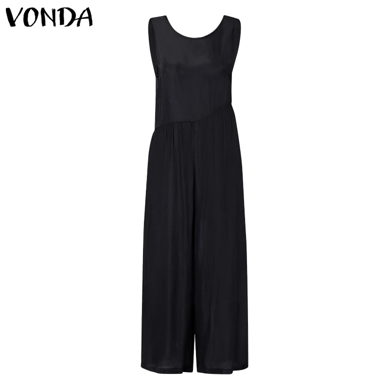 Женские комбинезоны VONDA, летние сексуальные однотонные Свободные Комбинезоны без рукавов, повседневные широкие длинные штаны, брюки
