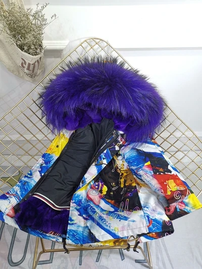 Blue Violet Fur Детская зимняя куртка с отделкой из меха, пальто для мальчиков и девочек утепленное пальто из меха кролика с граффити, Детская меховая куртка для девочек, TZ147 - Цвет: Blue Violet Fur