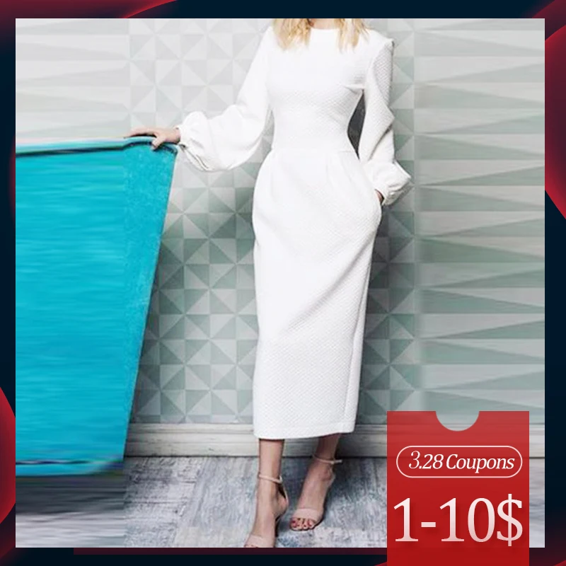Женское офисное платье с длинным рукавом элегантное белое осеннее облегающее