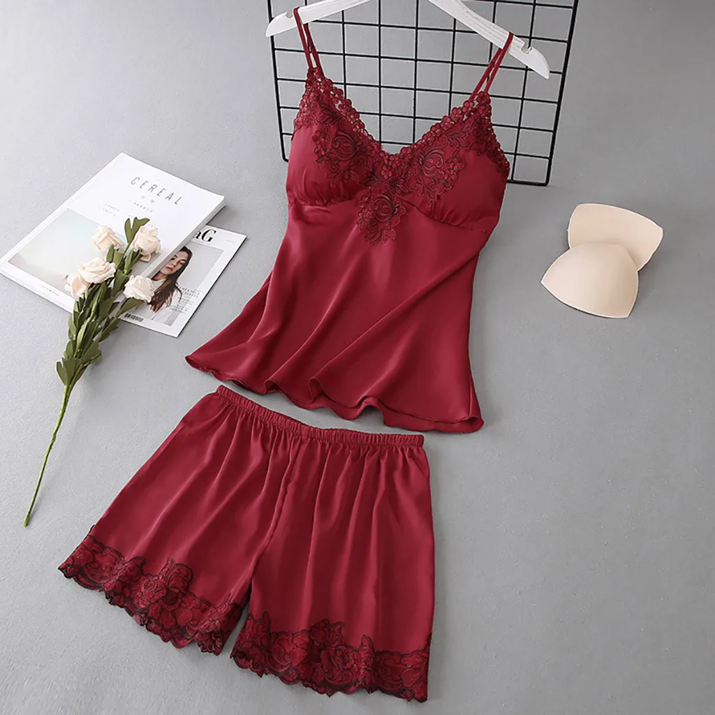 

New Pajamas Set Sexy Lace Pyjamas For Women V-neck Pijama Femme Summer Sleepwear Satin Nightwear Lingerie Female Underwear